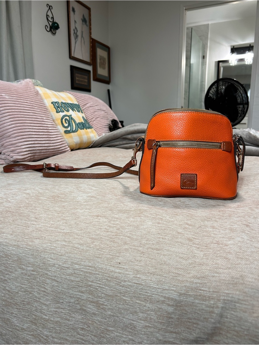 Dooney & Bourke Orange Pebbled Leather Crossbody with Brown Trim